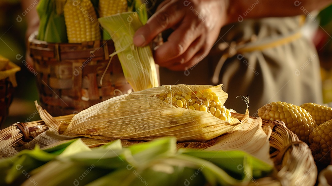Tomales frescos na casca do milho em festa junina com bandeiras ao fundo