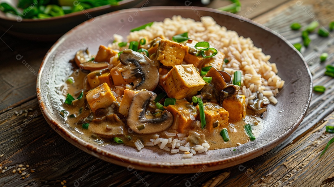 Arroz com estrogonofe vegetariano