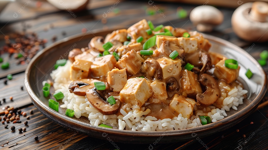 Prato com arroz e estrogonofe vegetariano