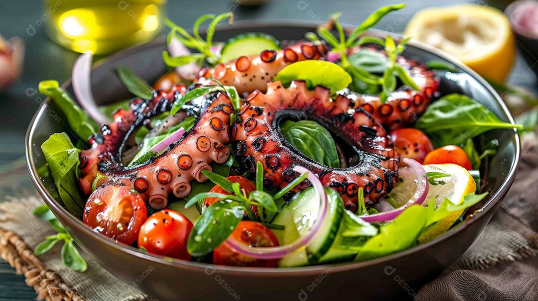 Polvo grelhado com salada e verduras