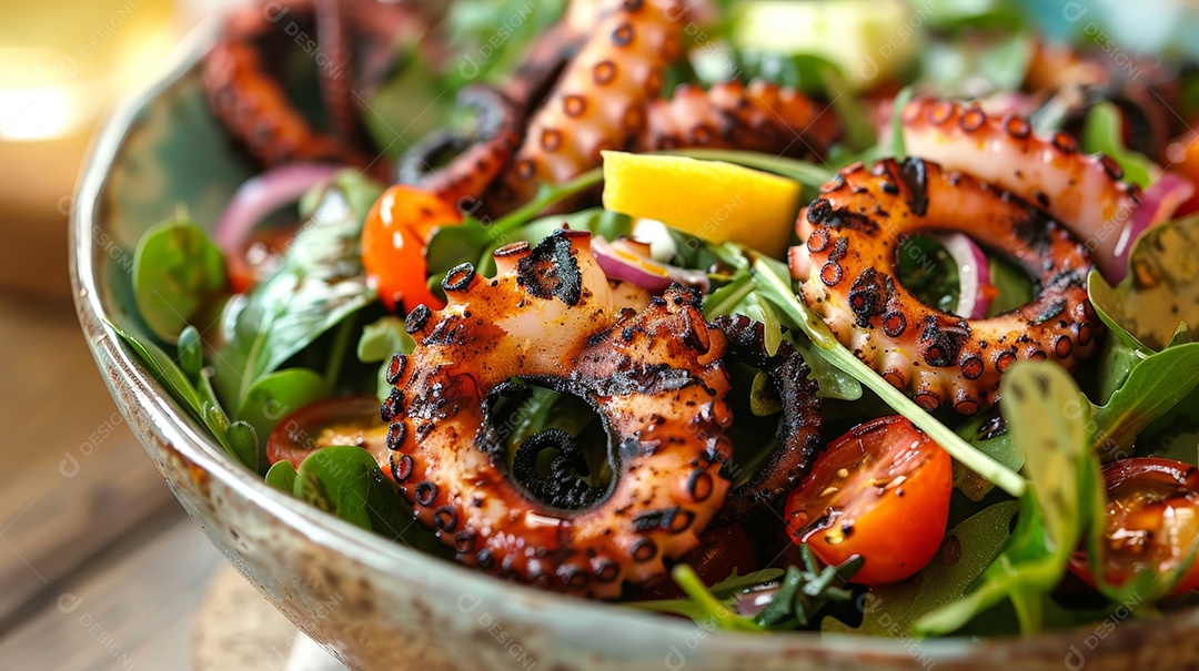 Polvo grelhado com salada e verduras