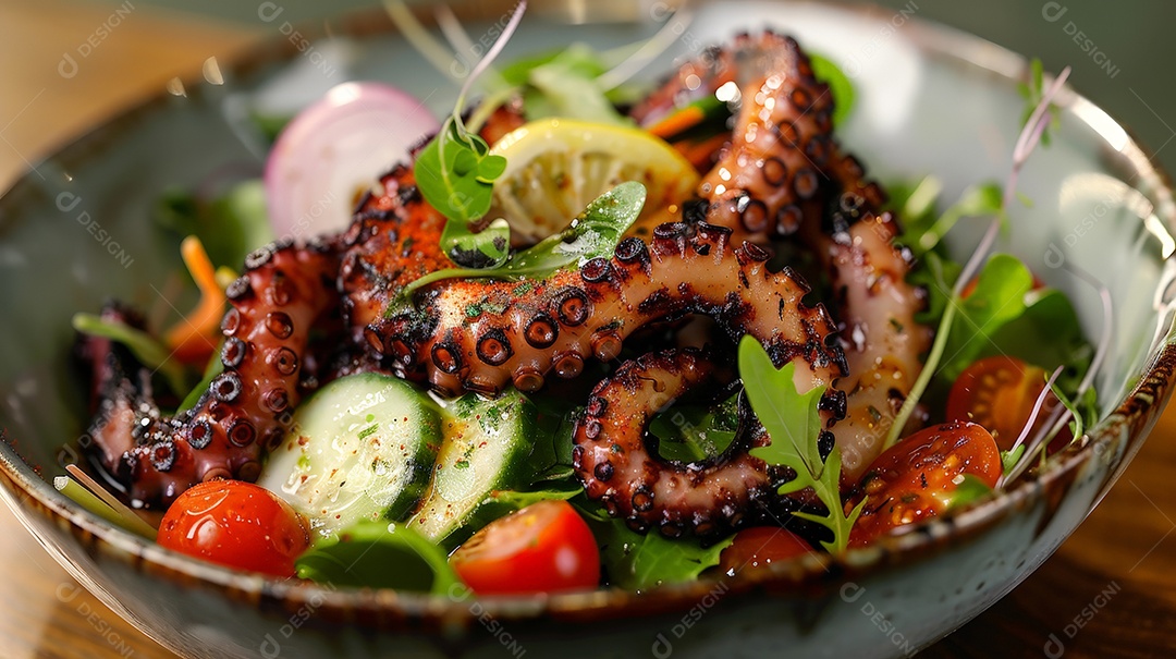 Polvo grelhado com salada e verduras
