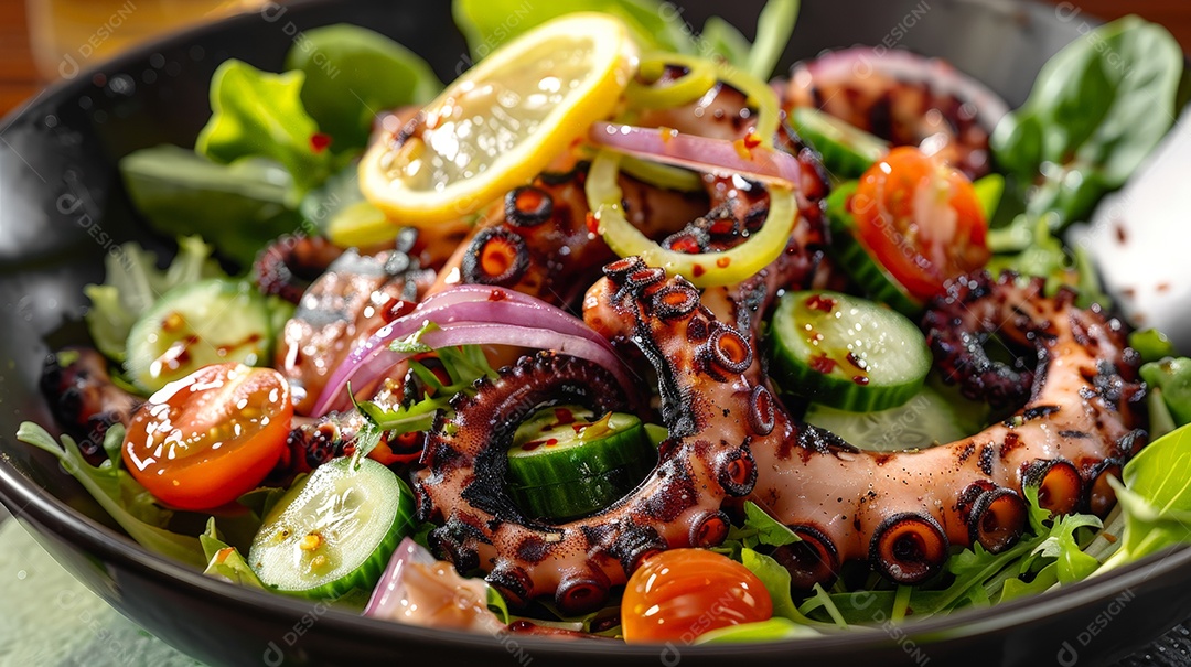 Polvo grelhado com salada e verduras