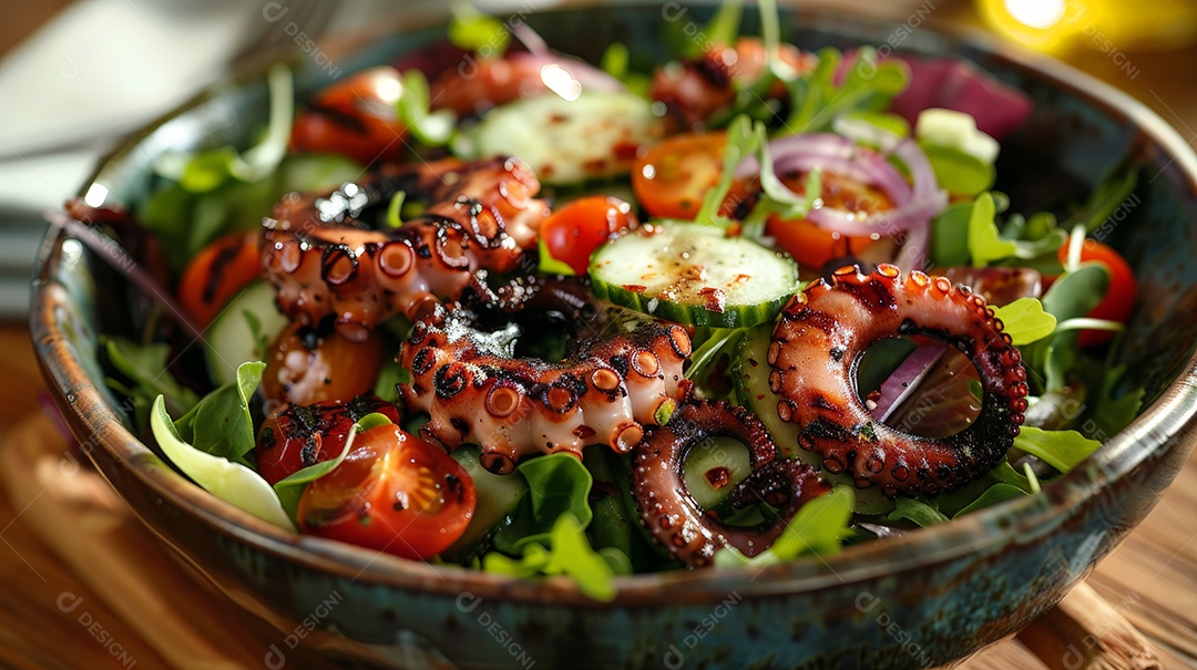 Polvo grelhado com salada e verduras
