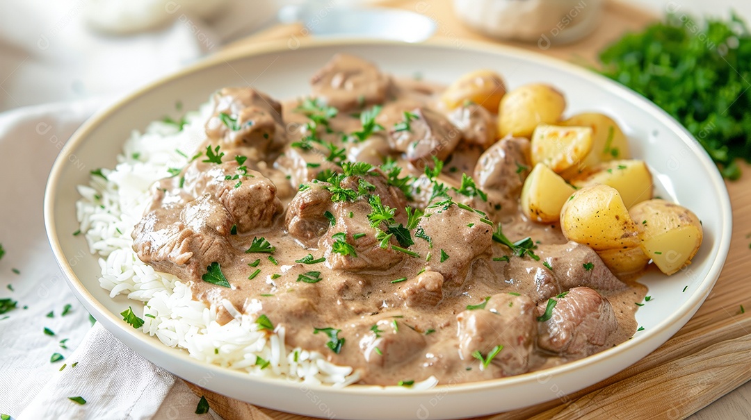 Arroz com batatas cozida e estrogonofe cremoso