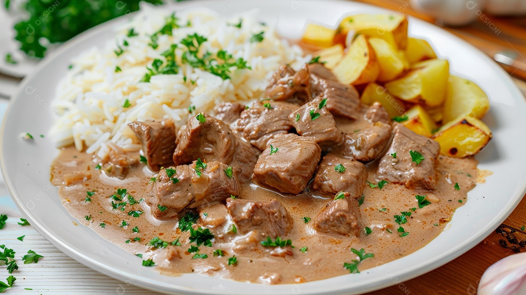 Arroz com batatas cozida e estrogonofe cremoso