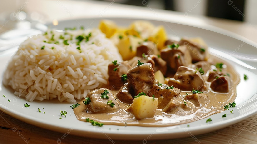Arroz com batatas cozida e estrogonofe cremoso