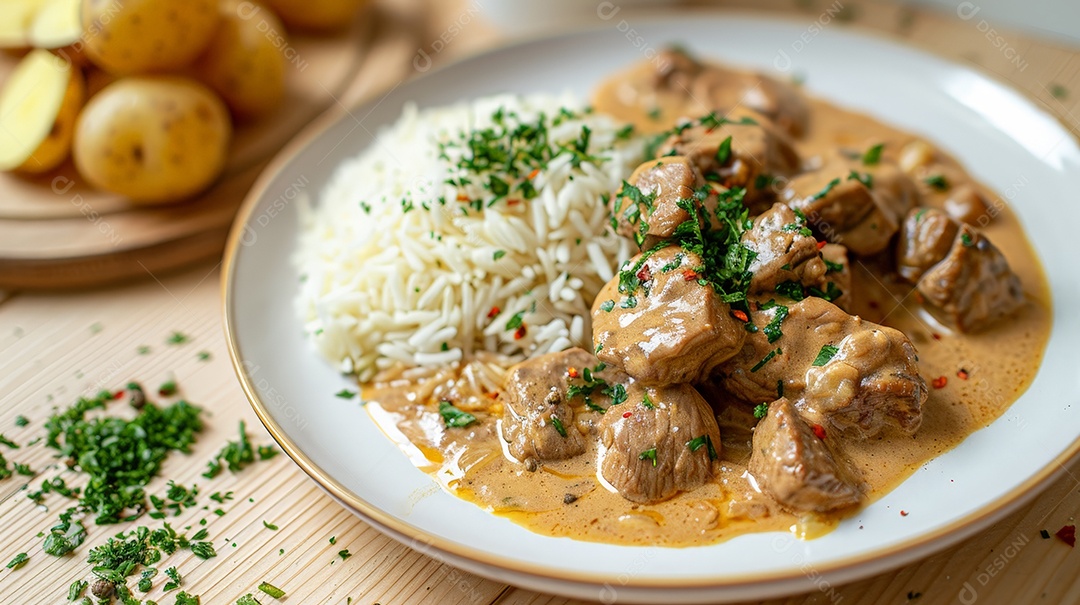 Prato de arroz com estrogonofe de carne cremoso