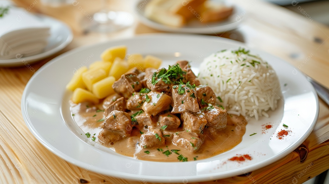 Tradicional estrogonofe de carne com arroz branco e batata