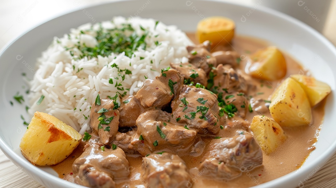 Tradicional estrogonofe de carne com arroz branco e batata