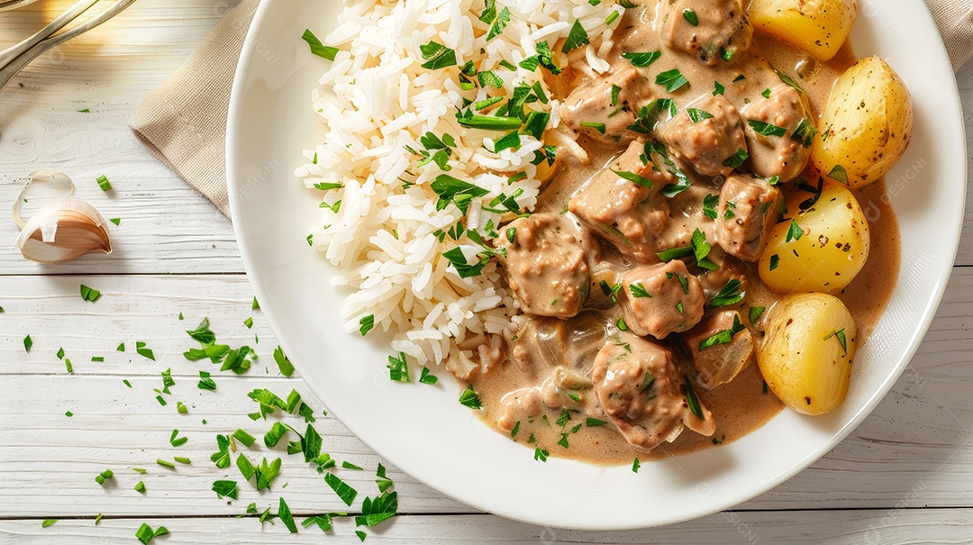 Arroz com estrogonofe de carne com batatas