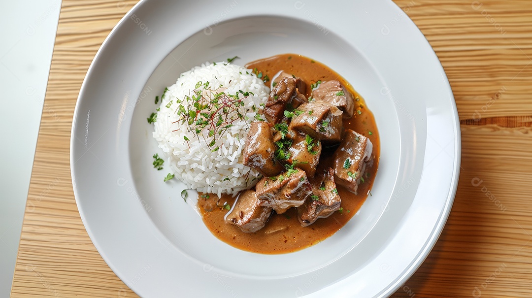 Tradicional estrogonofe de carne com arroz