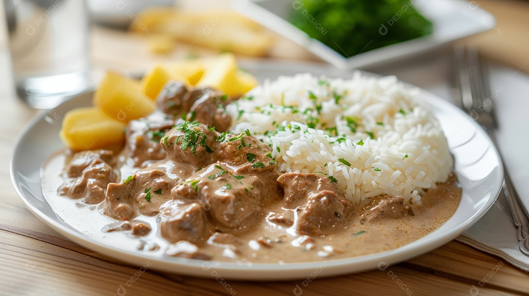 Arroz com estrogonofe de carne com batatas
