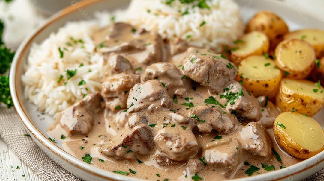 Arroz com batatas assada e estrogonofe de carne