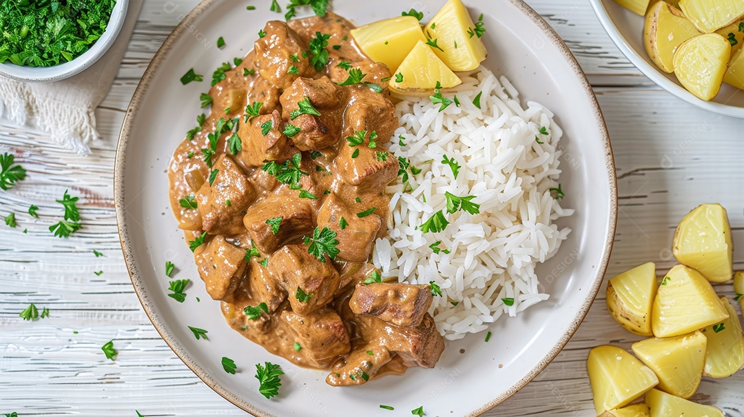 Estrogonofe de carne cremoso com batatas e arroz