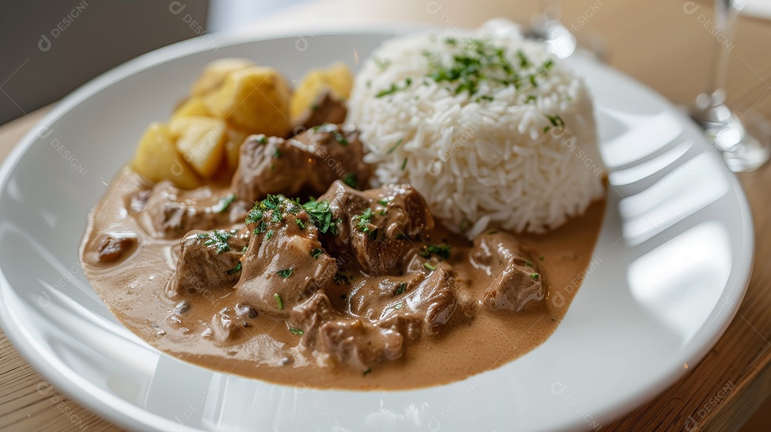 Arroz com estrogonofe de carne com batatas