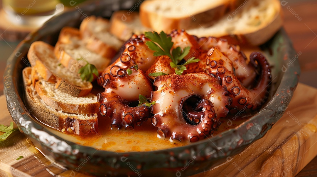 Polvo cozido ao estilo Gallega em composição clássica espanhola