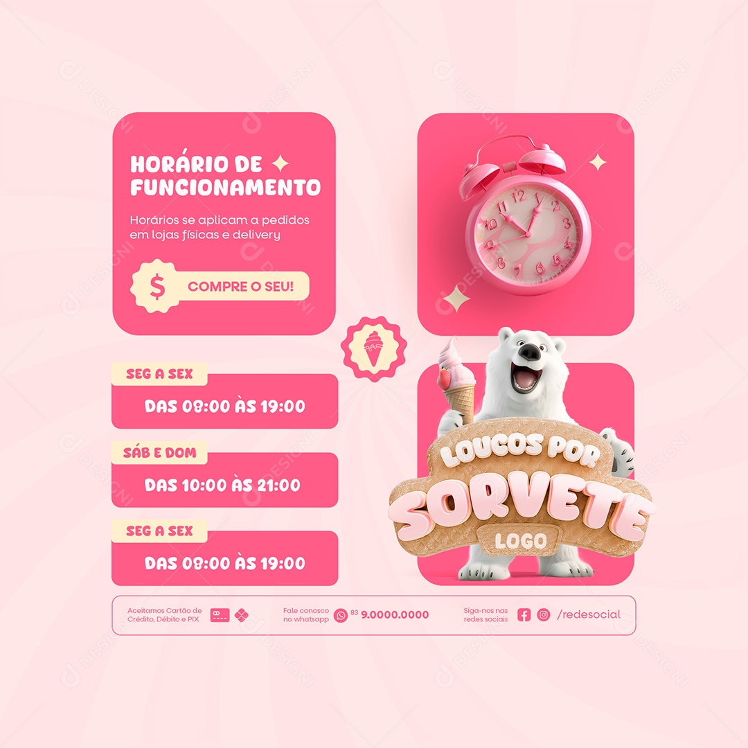 Horário de Funcionamento Sorveteria Social Media Feed PSD Editável
