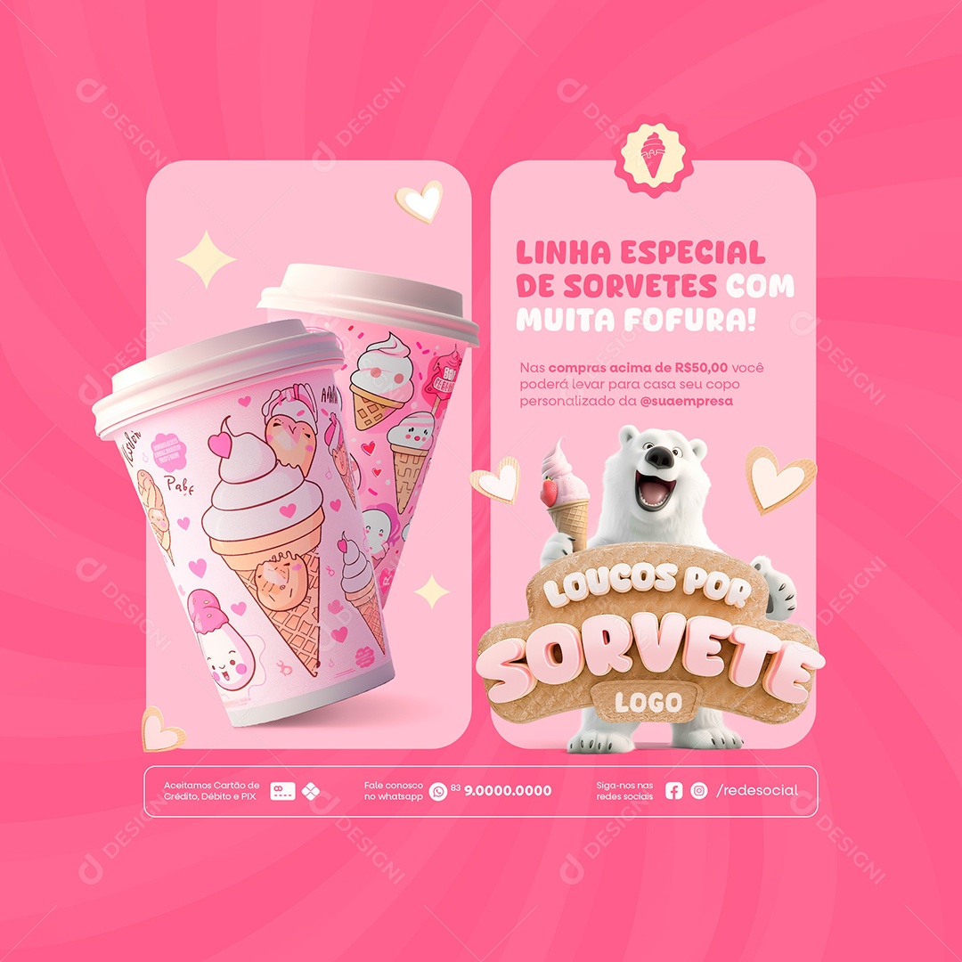 Sorvetes Com Muita Fofura Sorveteria Social Media Feed PSD Editável