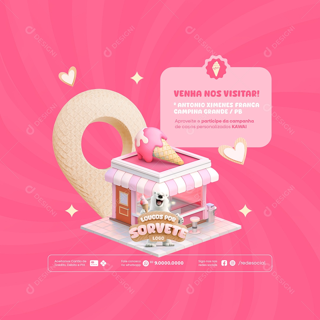 Visita-nos Localização Sorveteria Social Media Feed PSD Editável