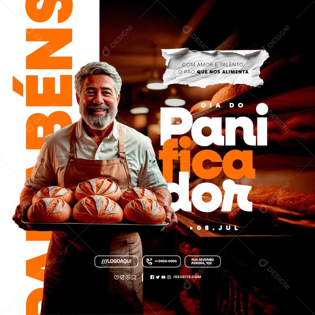 Dia do Panificador 08 de Julho com Amor e Talento Social Media PSD Editável