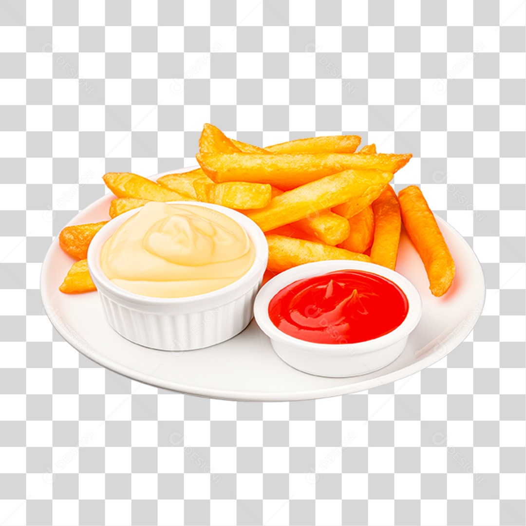 Prato com Batata Frita e Molho PNG Transparente