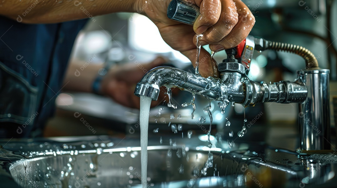Close-up da mão de um encanador habilidoso apertando um cano embaixo de uma pia