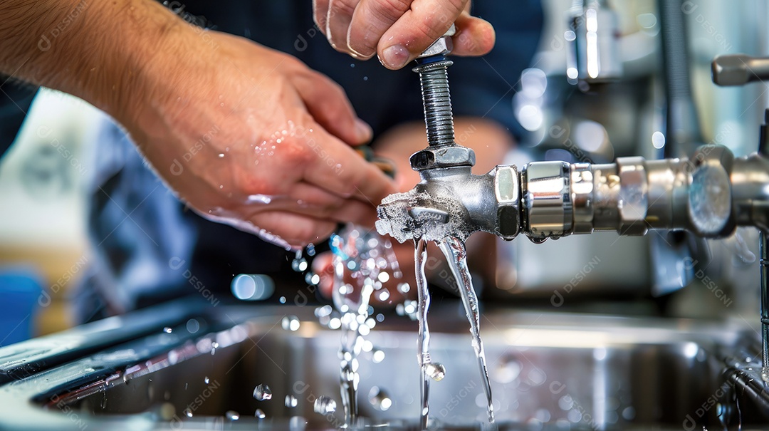 Close-up da mão de um encanador habilidoso apertando um cano embaixo de uma pia