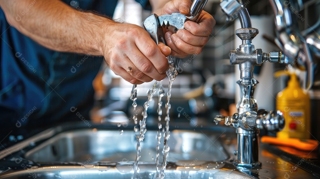Close-up da mão de um encanador habilidoso apertando um cano embaixo de uma pia