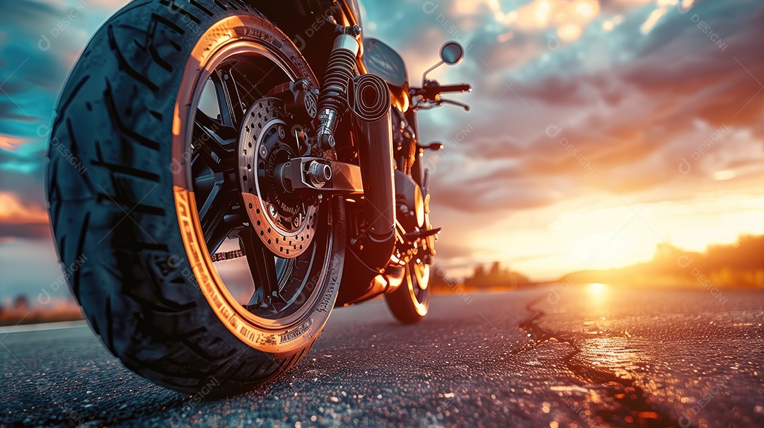 Uma motocicleta está estacionada em uma estrada molhada com um lindo pôr do sol ao fundo
