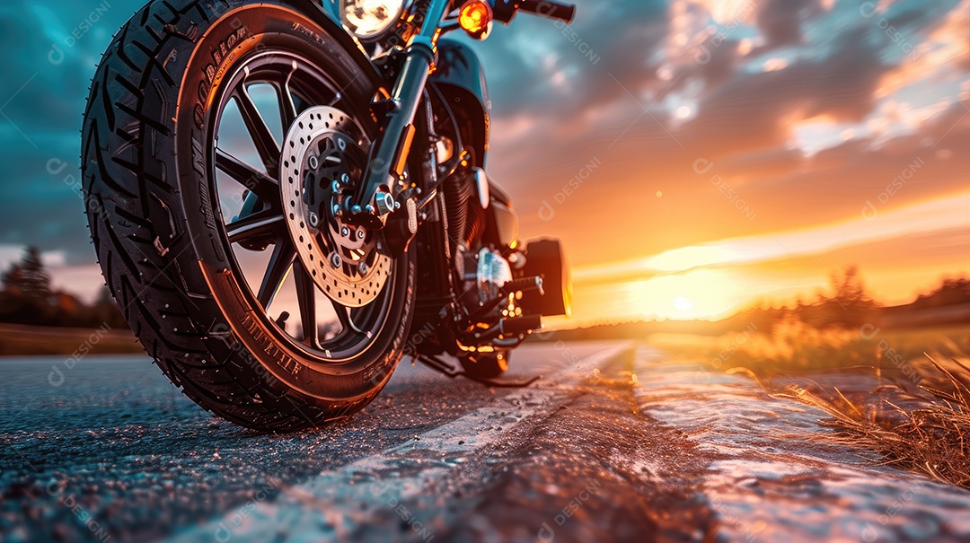 Uma motocicleta está estacionada em uma estrada molhada com um lindo pôr do sol ao fundo
