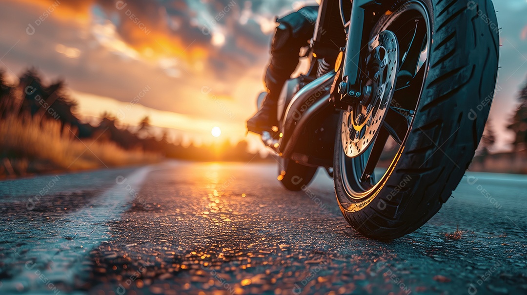 Uma motocicleta está estacionada em uma estrada molhada com um lindo pôr do sol ao fundo