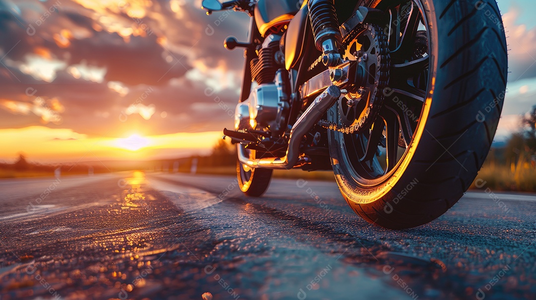 Uma motocicleta está estacionada em uma estrada molhada com um lindo pôr do sol ao fundo