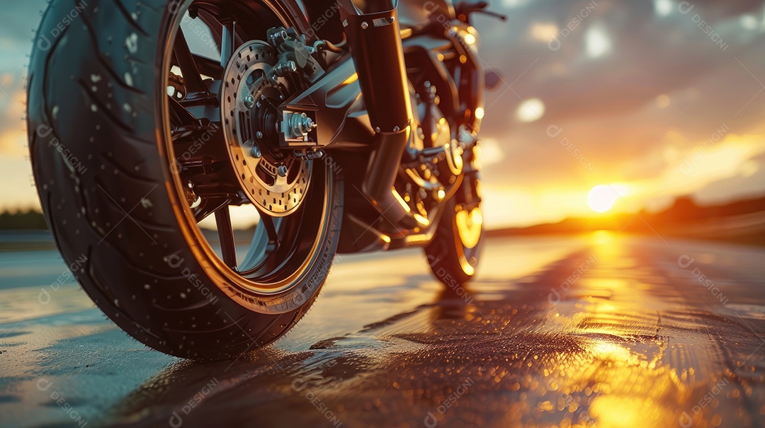 Uma motocicleta está estacionada em uma estrada molhada com um lindo pôr do sol ao fundo