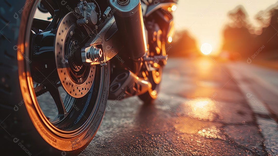 Uma motocicleta está estacionada em uma estrada molhada com um lindo pôr do sol ao fundo