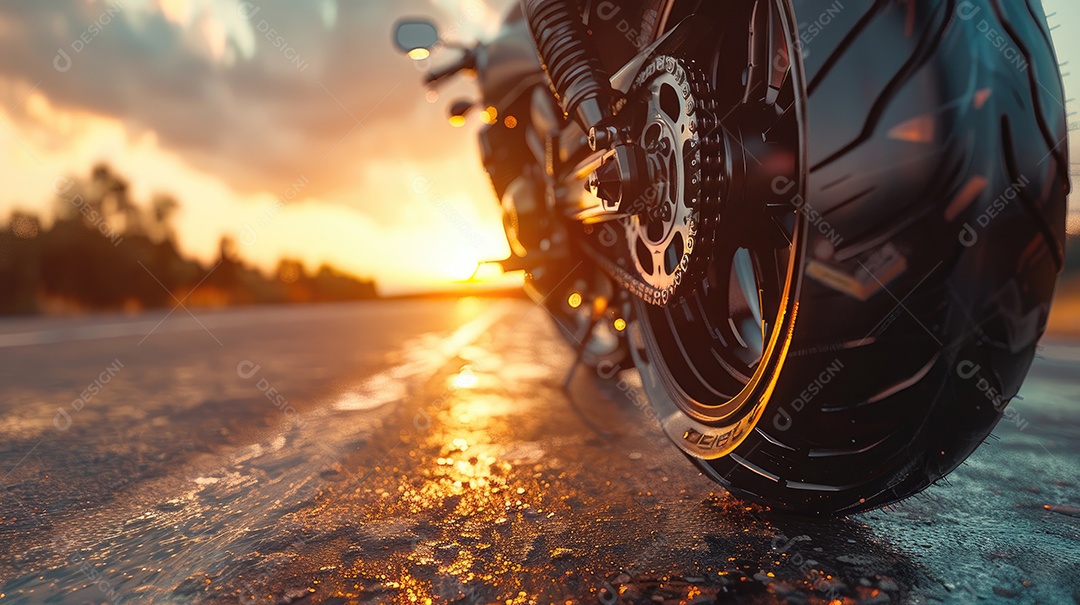 Uma motocicleta está estacionada em uma estrada molhada com um lindo pôr do sol ao fundo