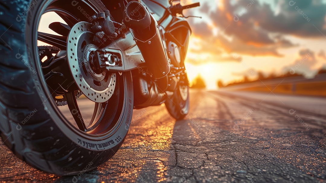Uma motocicleta está estacionada em uma estrada molhada com um lindo pôr do sol ao fundo