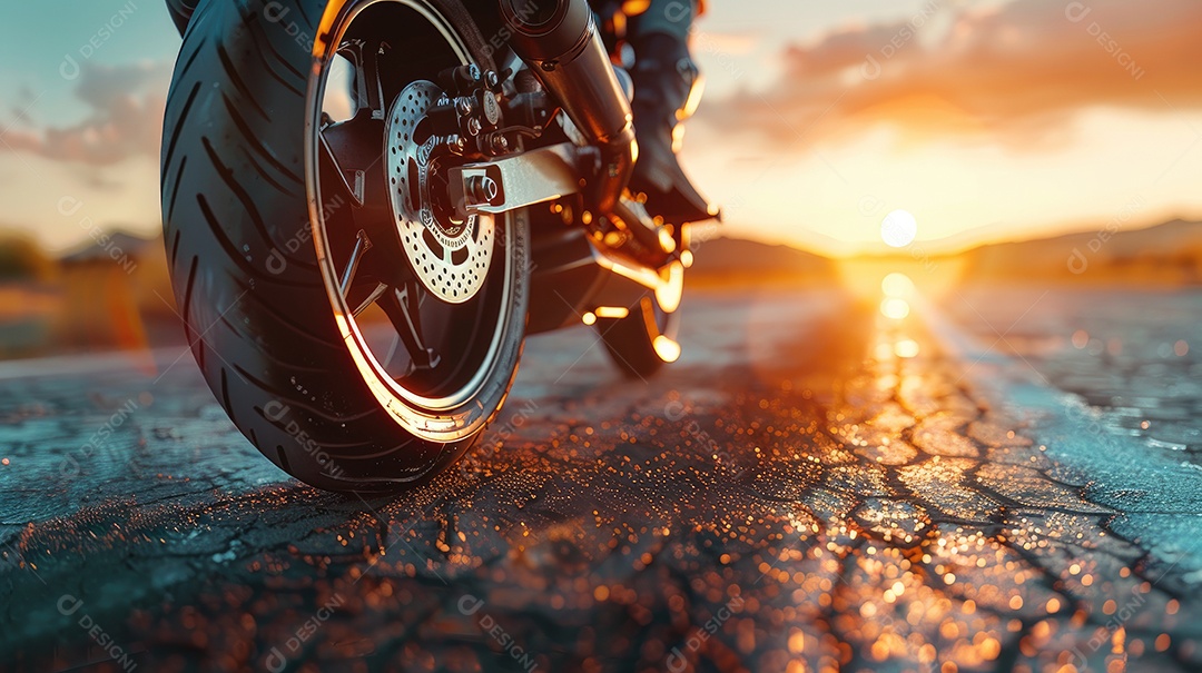 Uma motocicleta está estacionada em uma estrada molhada com um lindo pôr do sol ao fundo