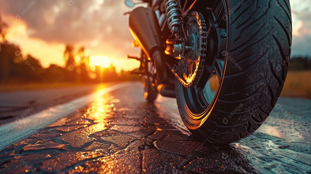 Uma motocicleta está estacionada em uma estrada molhada com um lindo pôr do sol ao fundo