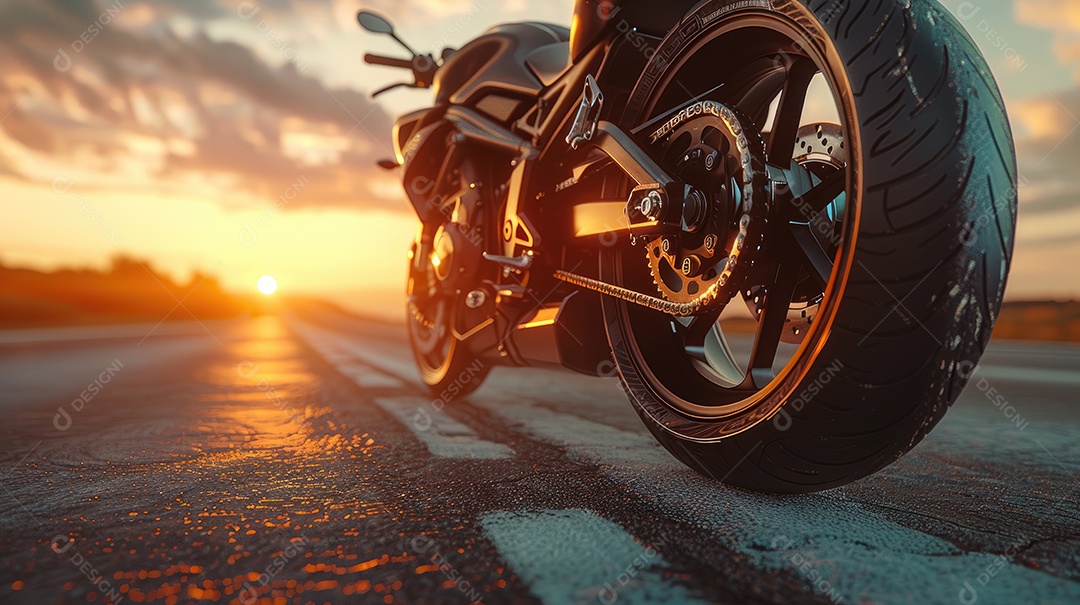 Uma motocicleta está estacionada em uma estrada molhada com um lindo pôr do sol ao fundo