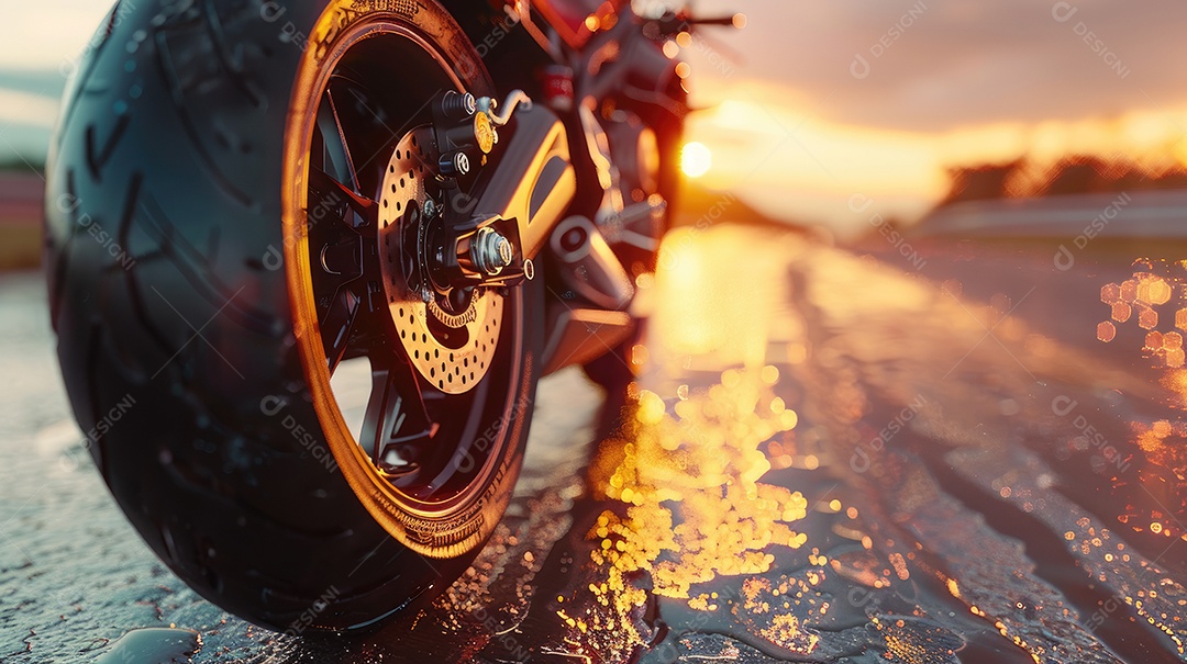 Uma motocicleta está estacionada em uma estrada molhada com um lindo pôr do sol ao fundo