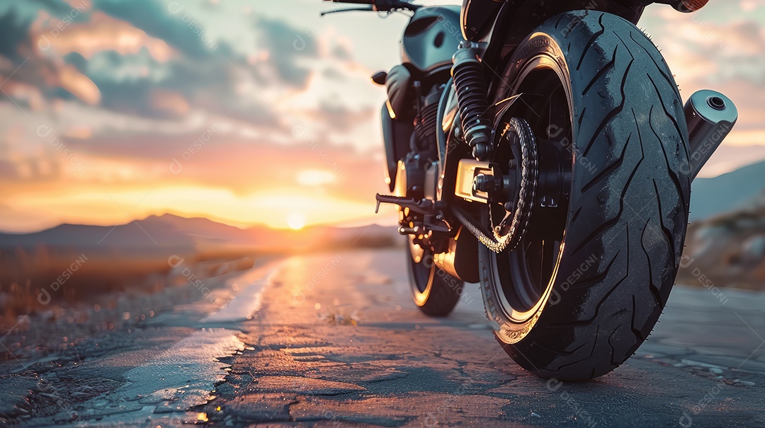 Uma motocicleta está estacionada em uma estrada molhada com um lindo pôr do sol ao fundo