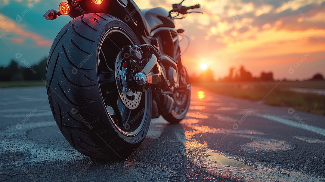 Uma motocicleta está estacionada em uma estrada molhada com um lindo pôr do sol ao fundo