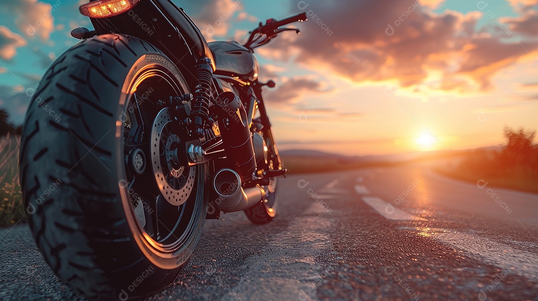 Uma motocicleta está estacionada em uma estrada molhada com um lindo pôr do sol ao fundo