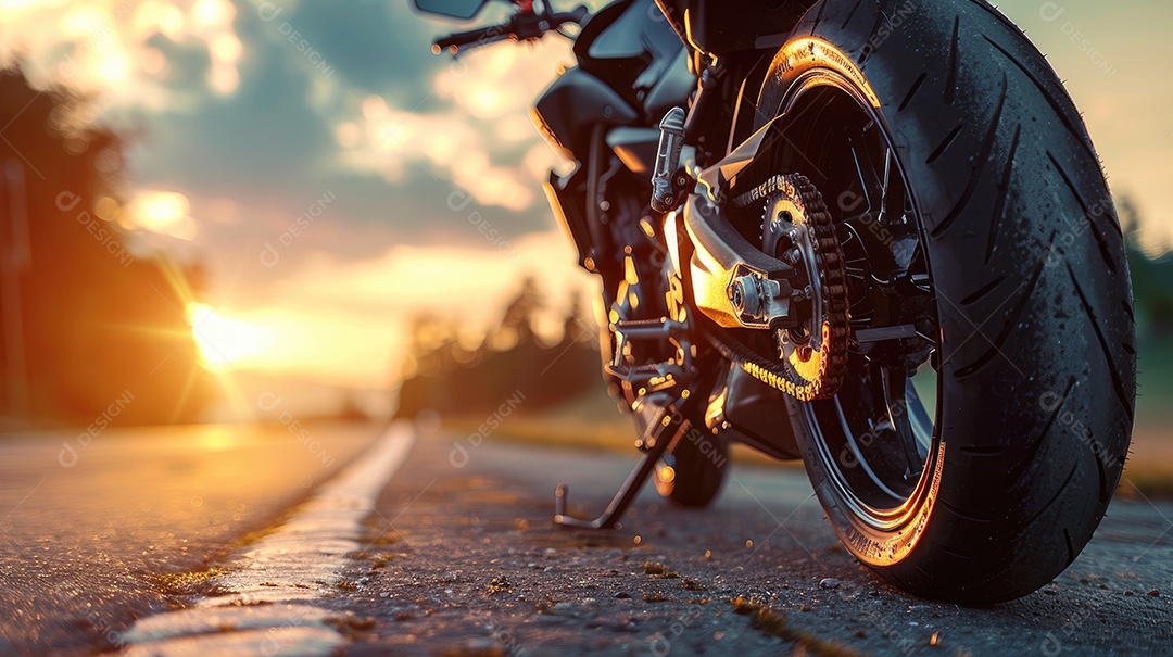 Uma motocicleta está estacionada em uma estrada molhada com um lindo pôr do sol ao fundo
