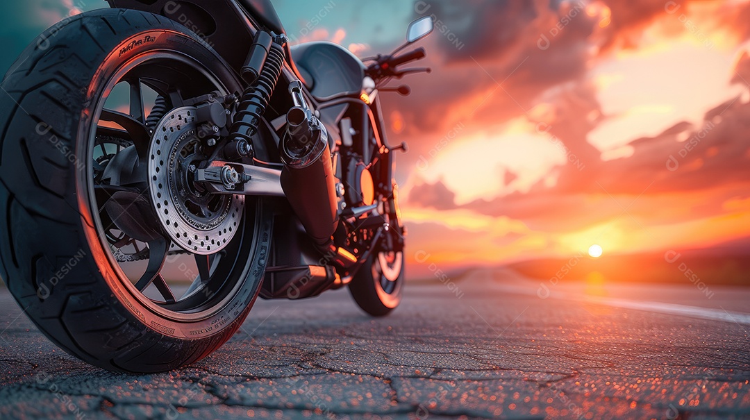 Uma motocicleta está estacionada em uma estrada molhada com um lindo pôr do sol ao fundo