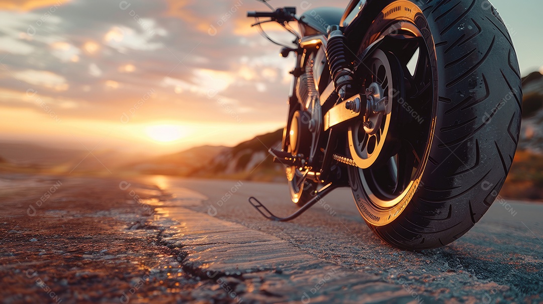 Uma motocicleta está estacionada em uma estrada molhada com um lindo pôr do sol ao fundo