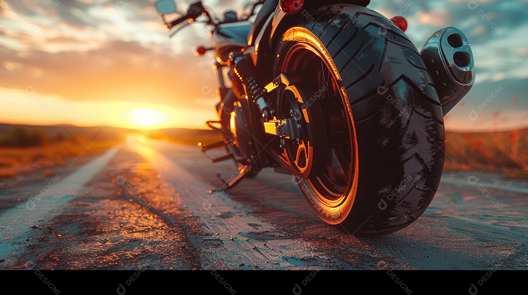 Uma motocicleta está estacionada em uma estrada molhada com um lindo pôr do sol ao fundo