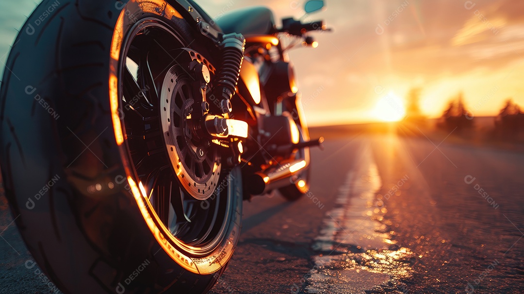 Uma motocicleta está estacionada em uma estrada molhada com um lindo pôr do sol ao fundo