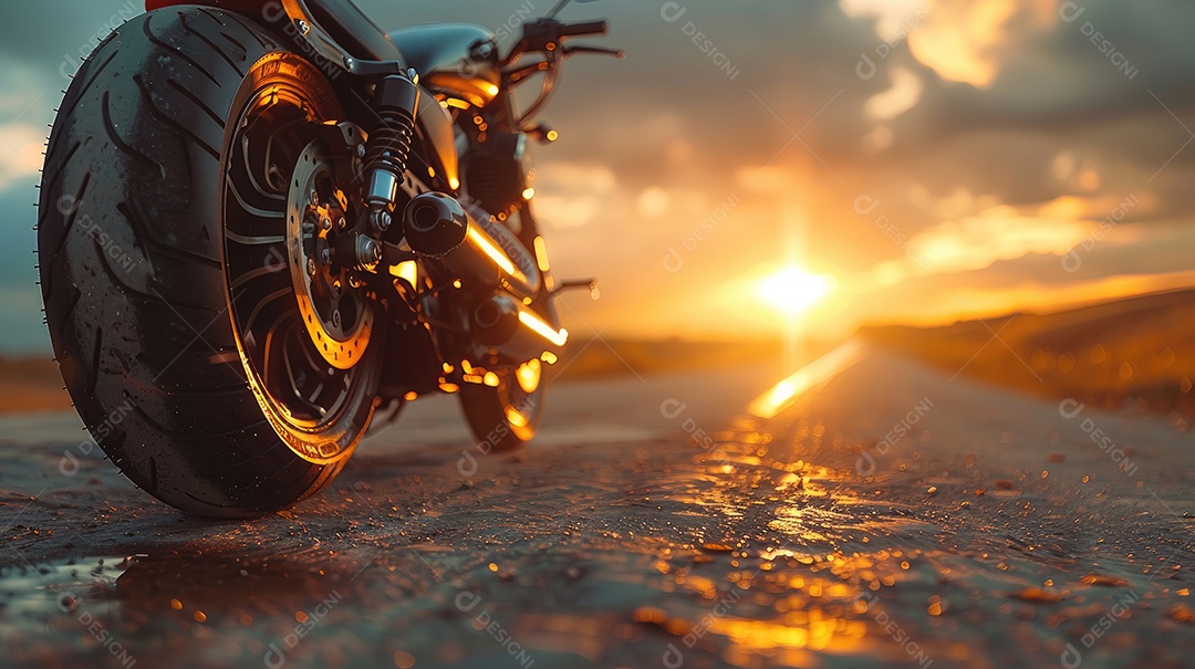 Uma motocicleta está estacionada em uma estrada molhada com um lindo pôr do sol ao fundo
